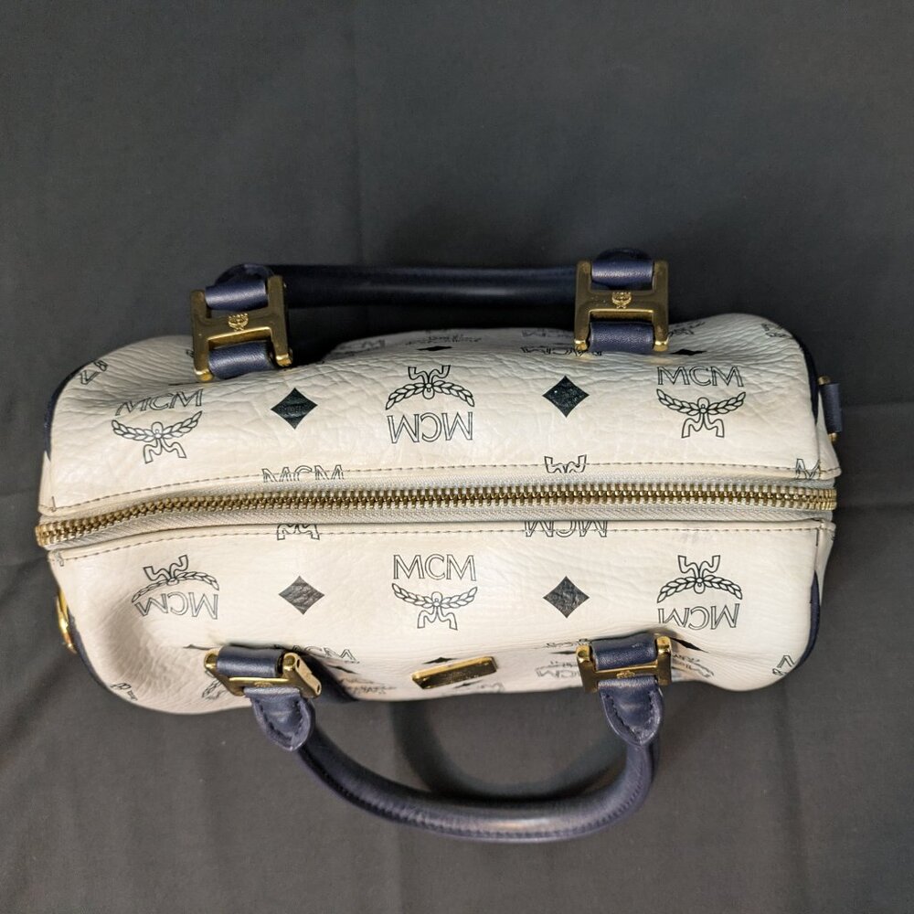 MCM Navy Blue and White Monogram Rare Boston Mini Top Handle Bag - Picture 8 of 14